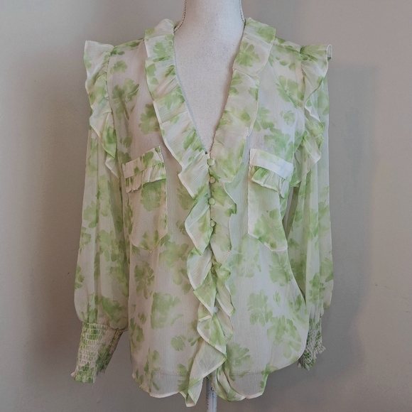 Misa Los Angeles Green Floral Ruffle Blouse Size Medium - Picture 11 of 12